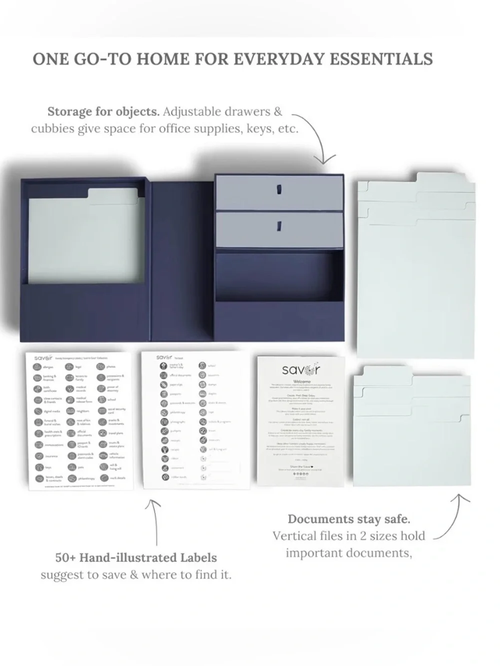 Savor All in one Memory box Storage Blue Organizer with Drawers files and labels